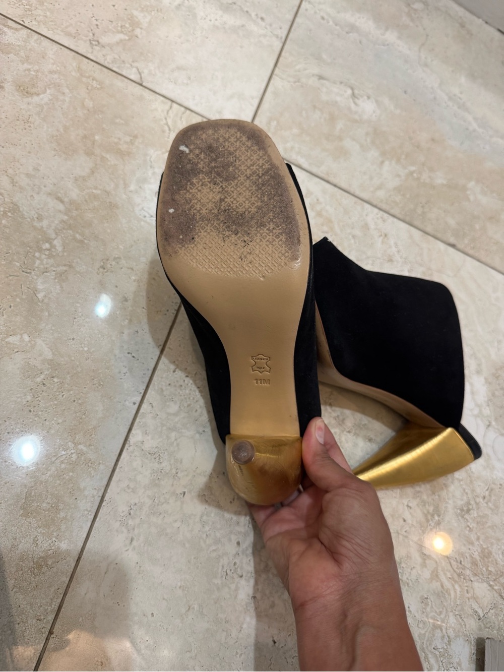 Tory Burch Black Suede Mules with Gold Heel - Picture 5 of 5
